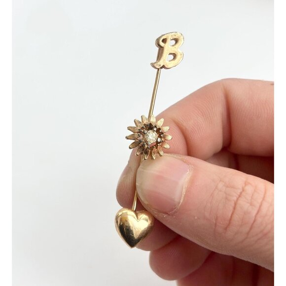 Letter "B" Monogrammed, Sunflower Shaped & Heart Shaped Vintage Gold T Stick Pin - Picture 1 of 10